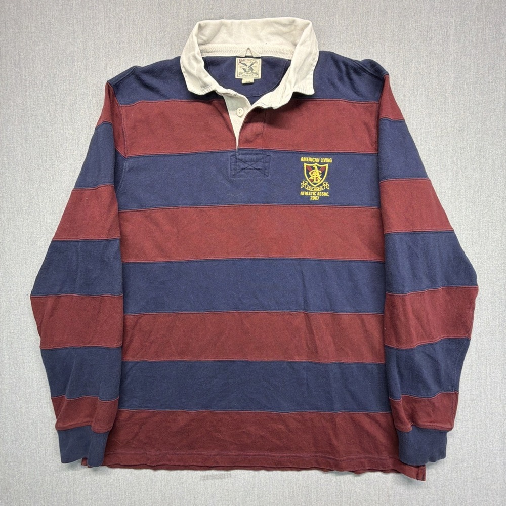 Vintage American Living Rugby Shirt Mens XL Navy Maroon Polo Striped Long Sleeve